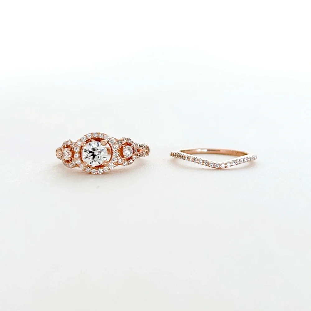 Rose Gold 14K Three Stone Diamond Halo Pave Engagement Ring Wedding Band Set - Picture 4 of 13